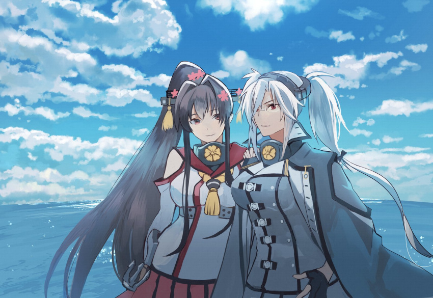 2girls anchor bangs black_gloves breasts brown_eyes brown_hair cape closed_mouth clouds dark_skin day detached_sleeves flower glasses gloves hair_flower hair_ornament hand_on_another's_shoulder headgear kantai_collection kasumi_(skchkko) large_breasts long_hair multiple_girls musashi_(kantai_collection) ocean outdoors partly_fingerless_gloves ponytail red_eyes remodel_(kantai_collection) sky smile twintails water white_hair yamato_(kantai_collection)