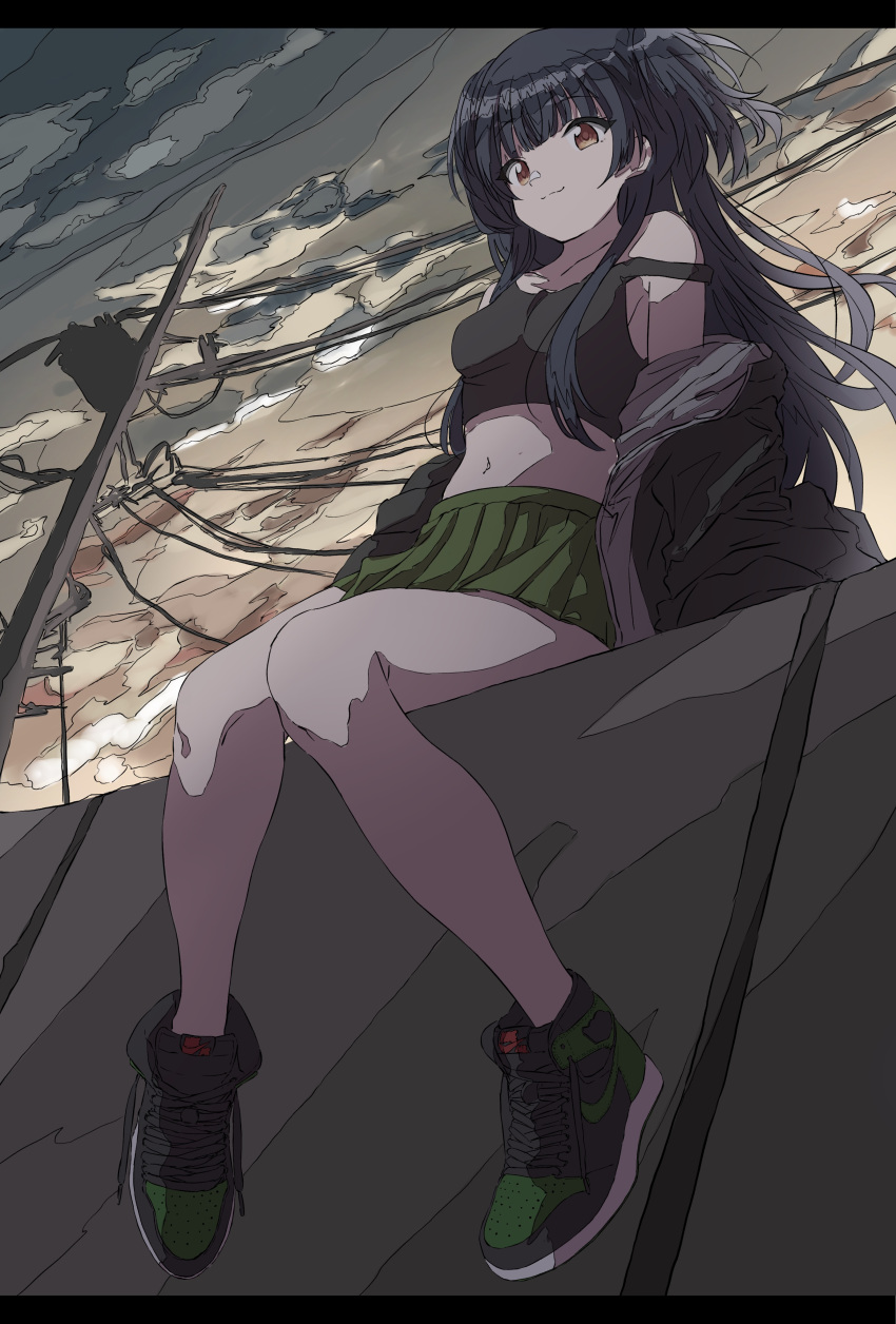 1girl absurdres bangs bare_legs bare_shoulders black_hair blunt_bangs brown_eyes cel_shading closed_mouth clouds cloudy_sky dusk highres idolmaster idolmaster_shiny_colors jacket long_hair looking_at_viewer mayuzumi_fuyuko midriff miniskirt off-shoulder_jacket outdoors power_lines shoes sitting skirt sky smile sneakers solo strap_slip tank_top two_side_up untied_shoes urota_shimapann