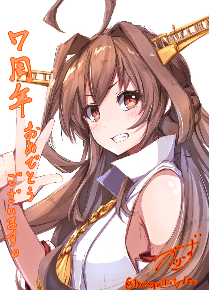 1girl absurdres ahoge artist_name baileys_(tranquillity650) bangs bare_shoulders blush brown_eyes brown_hair commentary_request detached_sleeves double_bun eyebrows_visible_through_hair grin hair_between_eyes hair_intakes headgear highres kantai_collection kongou_(kantai_collection) long_hair looking_at_viewer shirt sidelocks signature simple_background sketch sleeveless sleeveless_shirt smile solo translation_request v white_background white_shirt