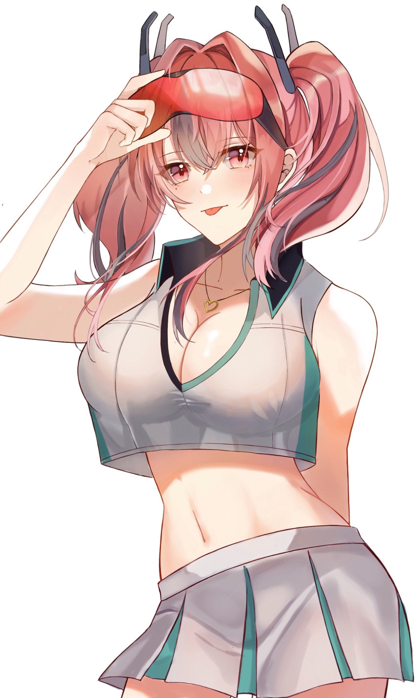 1girl :p absurdres arm_behind_back azur_lane bangs bare_shoulders blush breasts bremerton_(azur_lane) bremerton_(scorching-hot_training)_(azur_lane) cleavage_cutout collarbone collared_shirt commentary cowboy_shot crop_top crop_top_overhang eyebrows_visible_through_hair eyewear_on_head green_skirt grey_hair hair_between_eyes hair_intakes hair_ornament hand_up heart heart_necklace highres holding holding_eyewear ki-san_(17933537) large_breasts long_hair looking_at_viewer midriff mole mole_under_eye multicolored_hair navel pink_eyes pink_hair red-tinted_eyewear shirt sidelocks simple_background skirt sleeveless sleeveless_shirt solo sportswear standing streaked_hair sunglasses tennis_uniform tongue tongue_out twintails two-tone_hair two-tone_shirt two-tone_skirt white_background white_shirt white_skirt
