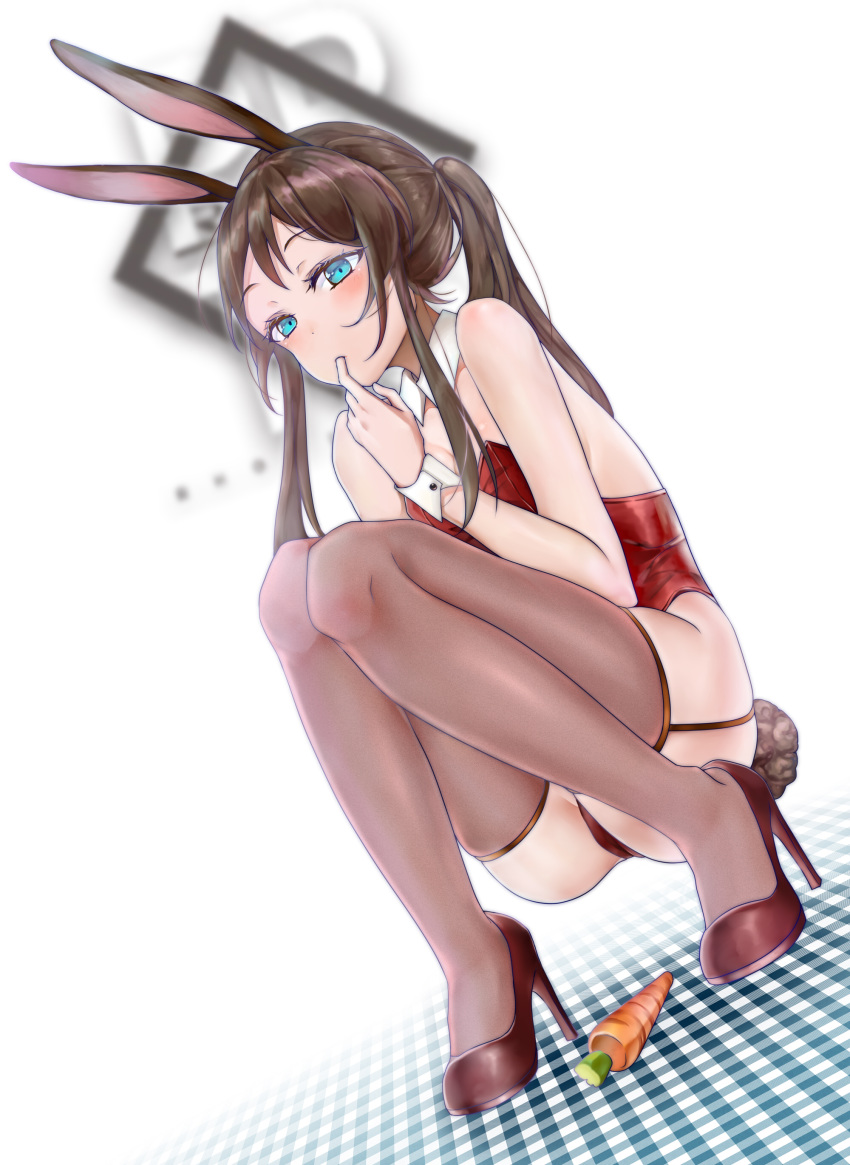 1girl absurdres amiya_(arknights) animal_ears arknights ass bare_shoulders blue_eyes brown_hair brown_legwear bunny_girl bunny_tail bunnysuit carrot detached_collar dutch_angle finger_sucking garter_straps high_heels highres leotard long_hair looking_at_viewer plaid rabbit_ears red_footwear red_leotard skindentation solo squatting tail thigh-highs twintails white_background wrist_cuffs yu_ji_miao