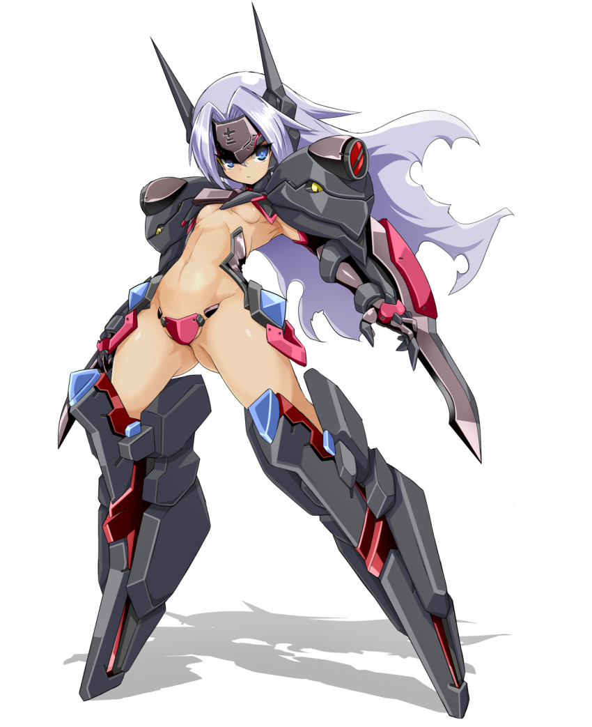 1girl :&lt; alternate_color ass_visible_through_thighs blazblue blue_eyes breasts crotch_plate elbow_gloves forehead_protector full_body gloves headgear highres karukan_(monjya) long_hair looking_at_viewer mecha_musume mu-12 navel noel_vermillion purple_hair revealing_clothes sidelocks small_breasts solo tan tsurime under_boob white_background