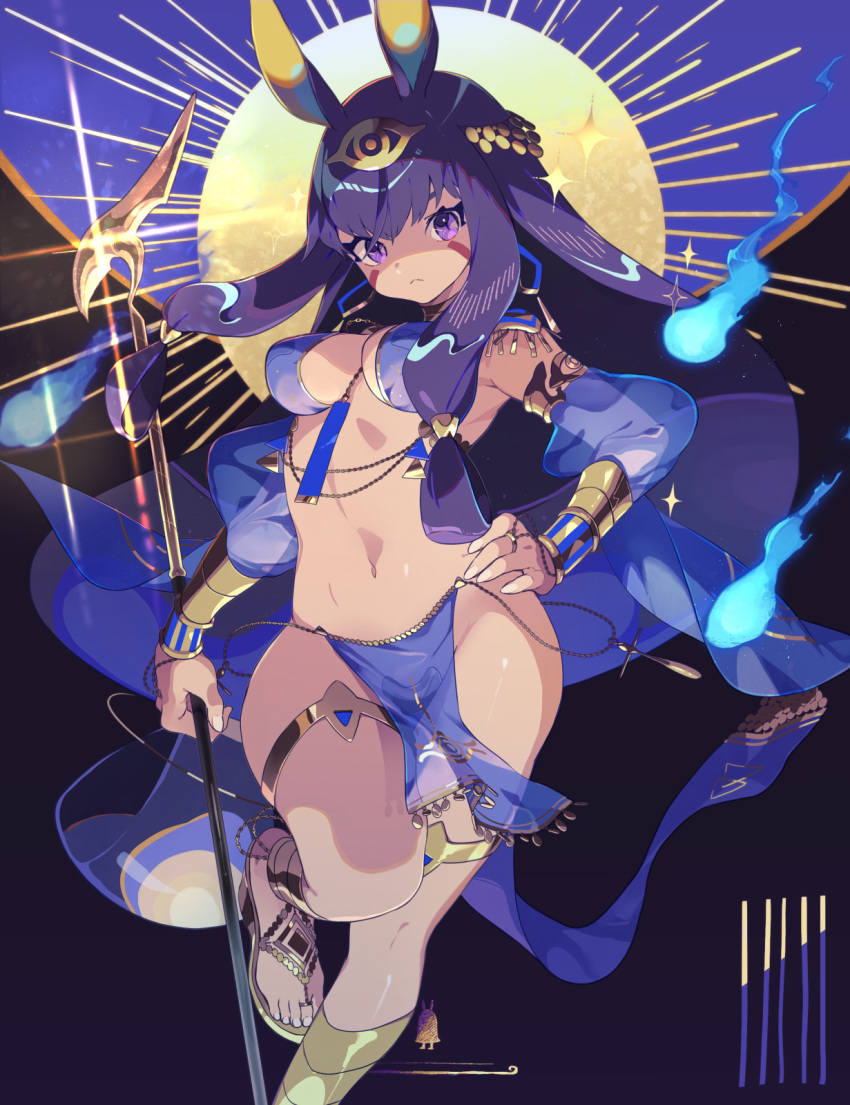 1girl :&lt; animal_ears bangs breasts closed_mouth commentary_request dark_skin earrings egyptian egyptian_clothes facepaint facial_mark fate/grand_order fate_(series) hair_tubes hand_on_hip headpiece highres holding holding_staff hoop_earrings jackal_ears jewelry long_hair looking_at_viewer low-tied_long_hair medium_breasts natsuiro_xx navel nitocris_(fate/grand_order) pelvic_curtain purple_hair sandals sidelocks solo sparkle staff thigh_strap usekh_collar very_long_hair violet_eyes