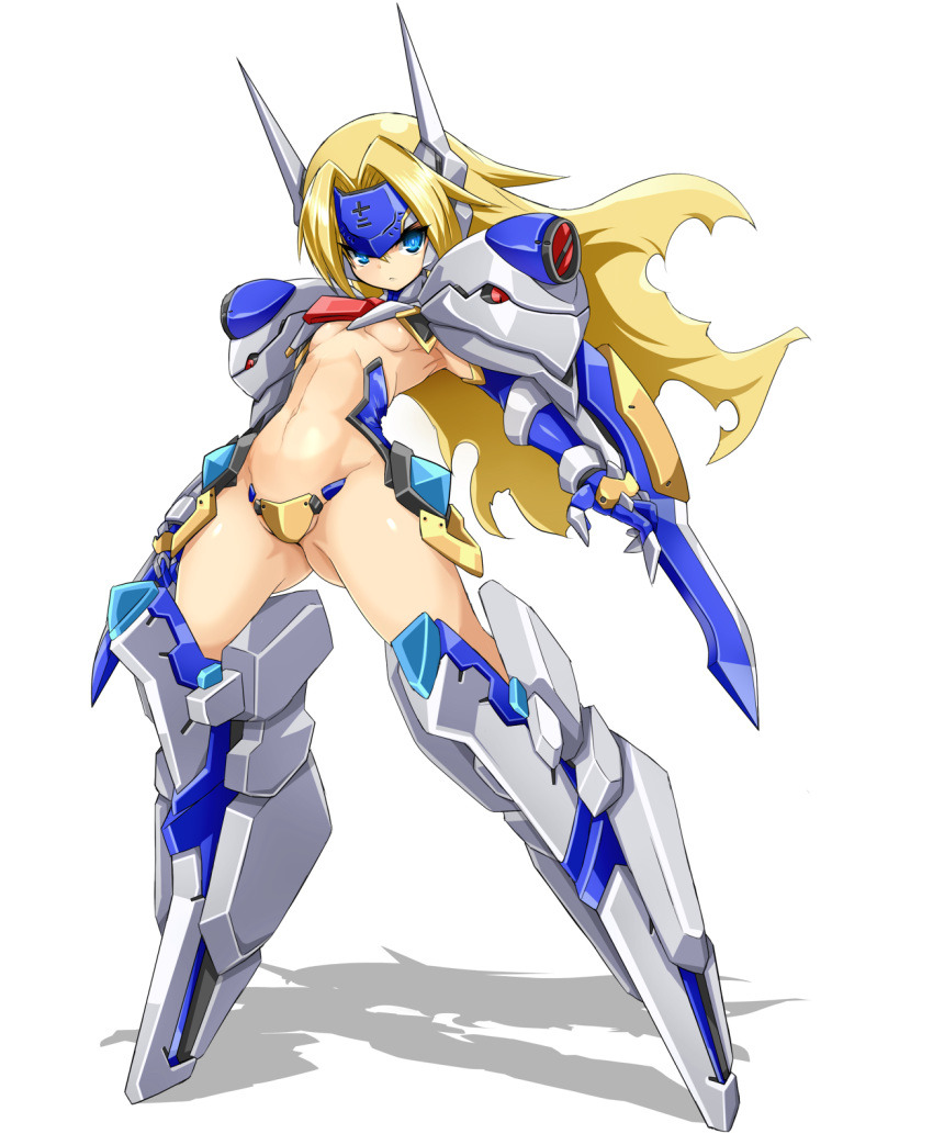 1girl :&lt; ass_visible_through_thighs blazblue blonde_hair blue_eyes breasts crotch_plate elbow_gloves forehead_protector full_body gloves headgear highres karukan_(monjya) long_hair looking_at_viewer mecha_musume mu-12 navel noel_vermillion revealing_clothes sidelocks small_breasts solo tsurime under_boob white_background