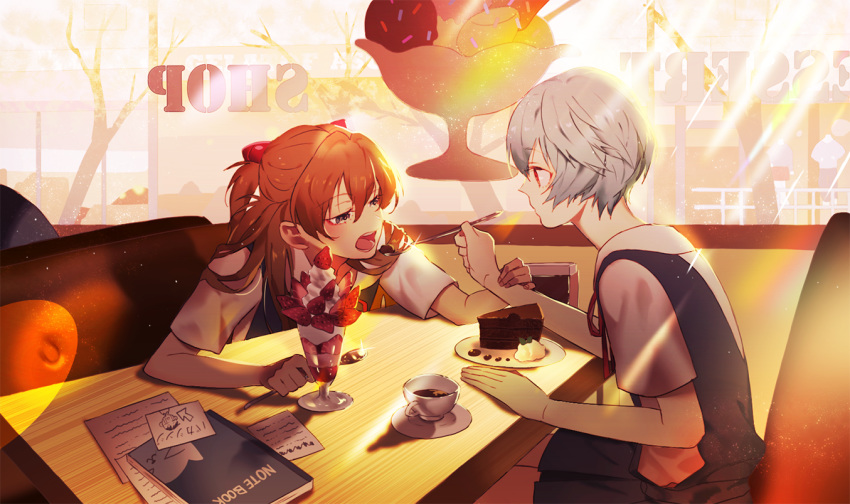 2girls arm_up ayanami_rei bangs blue_dress blue_eyes blue_skirt blush brown_hair cafe cake chocolate_cake closed_mouth coffee coffee_cup cup day disposable_cup dress eating english_text eyebrows_visible_through_hair feeding food from_side fruit hair_between_eyes hair_ornament hairclip holding holding_another's_arm holding_spoon ice_cream light long_hair looking_at_viewer looking_down multiple_girls neck_ribbon neckwear neon_genesis_evangelion note notebook open_mouth p19950916 picture_(object) red_eyes red_neckwear red_ribbon ribbon school_uniform shadow shirt shop short_hair short_sleeves silver_hair sitting skirt souryuu_asuka_langley spoon strawberry sunlight table teeth translation_request uniform white_shirt
