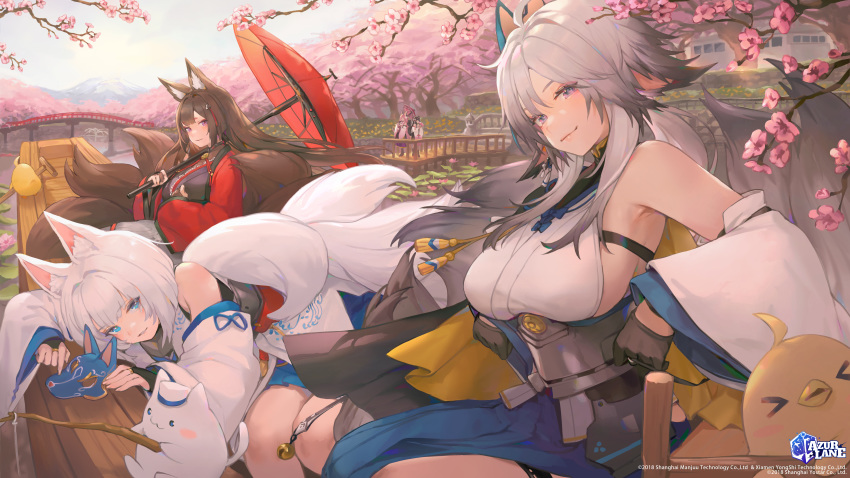 5girls absurdres ahoge amagi_(azur_lane) animal_ears armpits azur_lane bare_shoulders bibimbub bird black_gloves blue_eyes breasts bridge brown_hair canoe cat cherry_blossoms chick commentary day detached_sleeves fishing fox_ears fox_girl fox_mask fox_tail gloves gradient_hair grey_hair hakama hanazuki_(azur_lane) haori highres holding holding_umbrella japanese_clothes kaga_(battleship)_(azur_lane) kitsune large_breasts long_hair looking_at_viewer low_ponytail manjuu_(azur_lane) mask mask_on_head mask_removed meowfficer_(azur_lane) multicolored_hair multiple_girls multiple_tails naganami_(azur_lane) nontraditional_miko official_art oriental_umbrella outdoors river sailing short_hair sitting smile tail tosa_(azur_lane) tree umbrella violet_eyes watermark white_hair wide_sleeves