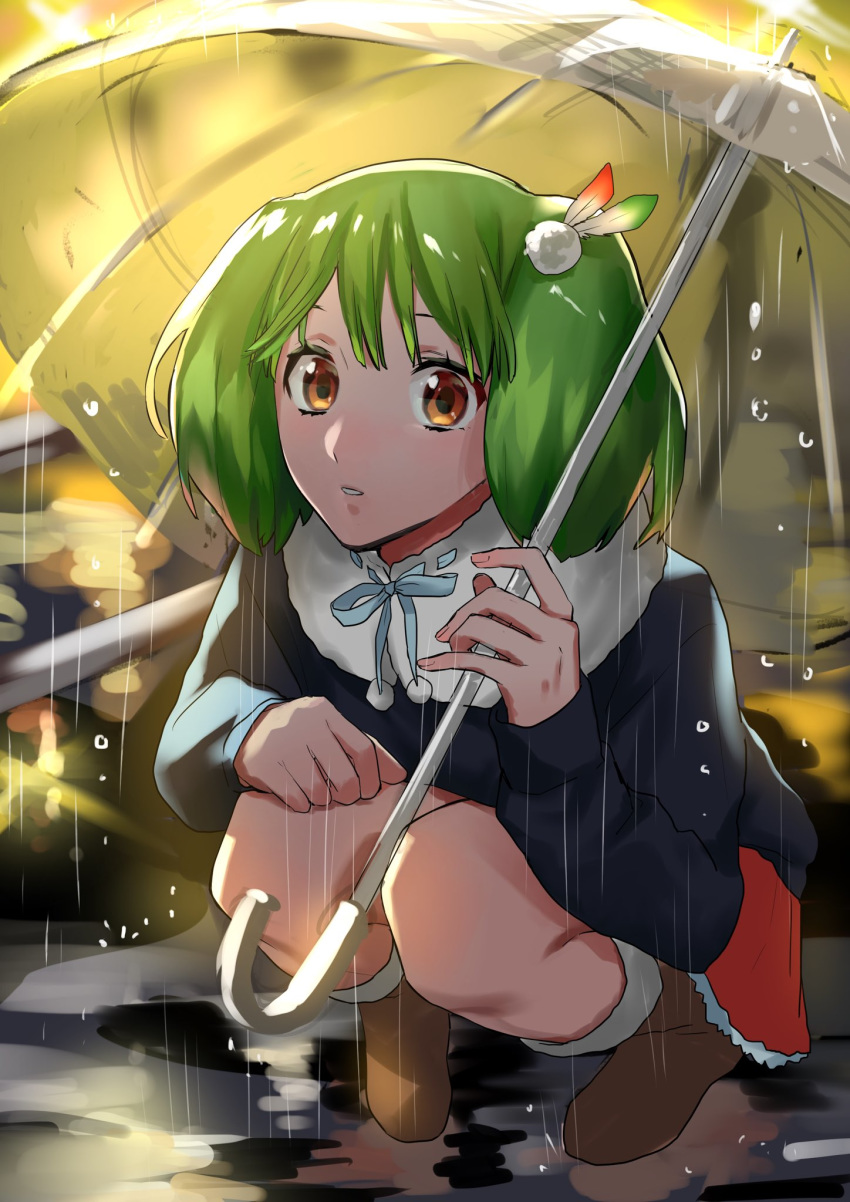 1girl alternate_costume boots green_hair hair_ornament highres holding holding_umbrella looking_at_viewer macross macross_frontier orange_eyes outdoors pote-mm puddle rain ranka_lee short_hair solo squatting umbrella water