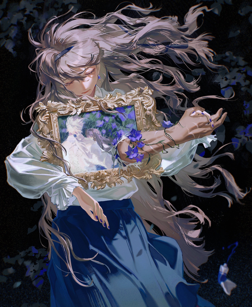 1girl absurdres black_background blue_nails blue_skirt brown_hair closed_eyes dizi930 earrings flower highres holding_hands jewelry long_hair long_sleeves original picture_(object) picture_frame shirt skirt solo white_shirt