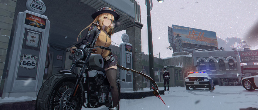 1boy 1girl 666 bangs bird black_jacket black_legwear black_skirt blonde_hair bomber_jacket breast_pocket breasts breath brown_eyes car chinese_commentary closed_mouth cuffs demon_horns fur_collar gas_pump gas_station girls_frontline ground_vehicle hair_between_eyes handcuffs hat highres horns jacket long_hair long_sleeves m870_(girls_frontline) mechanical_tail motor_vehicle motorcycle outdoors pleated_skirt pocket police_car sheriff_badge shirt sign skirt snow snowing tail thigh-highs waterkuma yellow_shirt