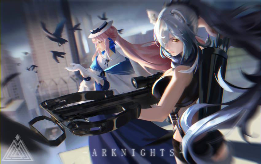 2girls absurdres animal_ears arknights bangs bare_shoulders bird black_bow black_scarf black_shorts blue_dress blurry bow bow_(weapon) breasts building cat_ears ceylon_(arknights) commentary_request copyright_name crop_top crossbow dress gloves hat hat_bow highres holding holding_bow_(weapon) holding_weapon large_breasts long_hair long_ponytail long_sleeves looking_at_viewer midriff multiple_girls outdoors pink_hair quiver r1zen scarf schwarz_(arknights) shirt short_shorts shorts sidelocks silver_hair weapon white_gloves white_headwear white_shirt yellow_eyes