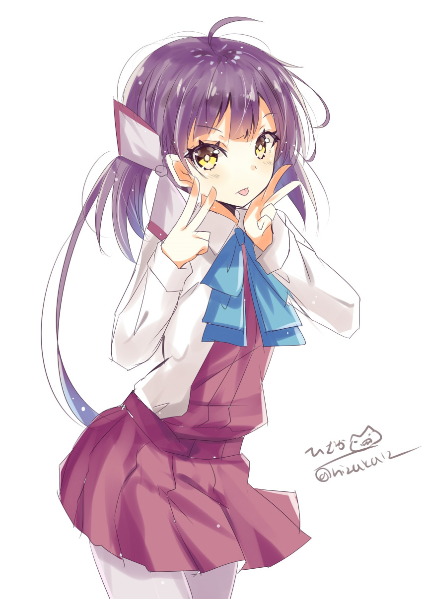 1girl asymmetrical_bangs bangs blush bow bowtie double_v dress eyebrows_visible_through_hair fujinami_(kantai_collection) grey_legwear hair_ornament hair_ribbon highres hizaka kantai_collection long_hair long_sleeves looking_at_viewer open_mouth pantyhose purple_hair ribbon school_uniform shirt side_ponytail simple_background sleeveless sleeveless_dress smile solo tongue tongue_out twitter_username v white_background white_shirt yellow_eyes