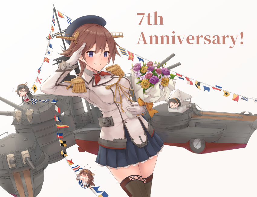 &gt;_&lt; 4girls :&lt; anniversary bare_shoulders beret black_hair black_headwear black_skirt blush brown_hair buttons chibi cosplay cowboy_shot detached_sleeves double_bun epaulettes eyebrows_visible_through_hair flag flags_of_all_nations glasses gloves grey_shirt hair_between_eyes hairband haruna_(kantai_collection) hat headgear hiei_(kantai_collection) highres jacket japanese_clothes k_jie kantai_collection kashima_(kantai_collection) kashima_(kantai_collection)_(cosplay) kerchief kirishima_(kantai_collection) kongou_(kantai_collection) long_hair long_sleeves machinery military military_uniform minigirl multiple_girls nontraditional_miko pleated_skirt red_neckwear red_skirt remodel_(kantai_collection) ribbon-trimmed_sleeves ribbon_trim salute shirt short_hair skirt smile solid_oval_eyes string_of_flags turret uniform violet_eyes white_gloves white_jacket wide_sleeves