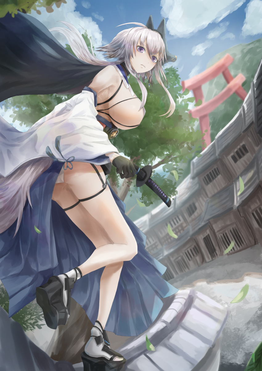 1girl azur_lane bare_shoulders black_gloves breasts canvas_(object) clouds detached_sleeves fox_mask from_side full_body gloves hachiware_(kagisippo2) highres katana kitsune large_breasts long_hair looking_at_viewer mask mask_on_head panties pantyshot rudder_footwear solo sword tail tosa_(azur_lane) tree underwear violet_eyes weapon white_panties