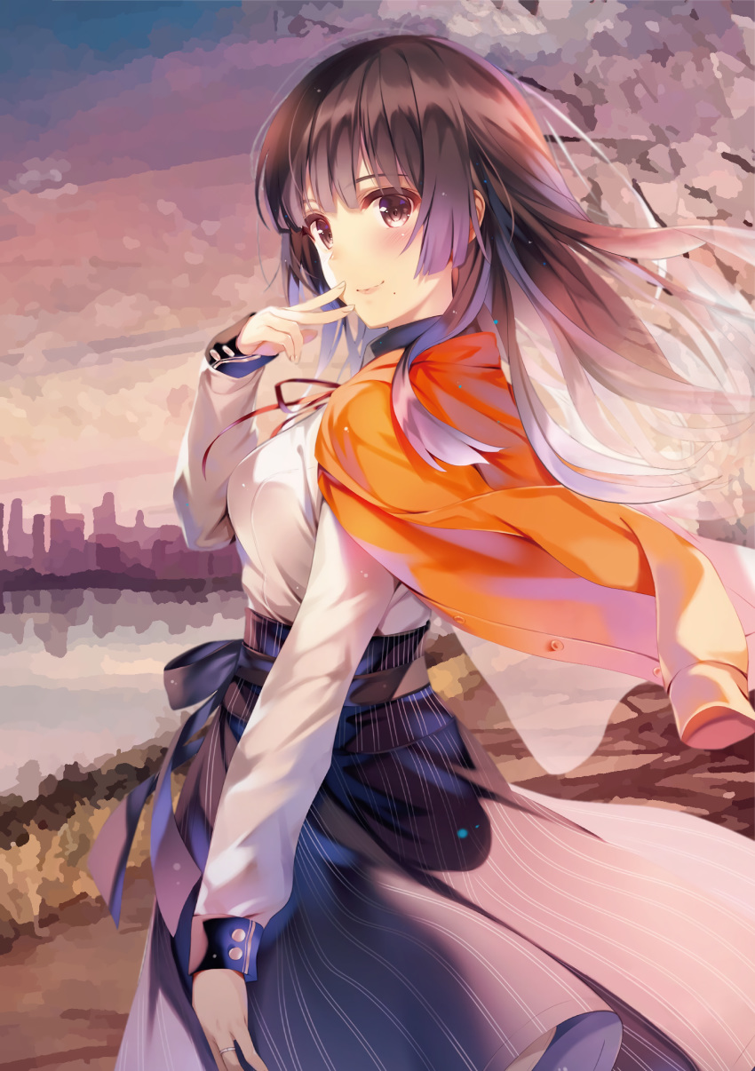 1girl bangs blue_skirt brown_eyes brown_hair building closed_mouth dress hair_blowing hand_to_own_mouth highres huge_filesize jacket jewelry katou_hiromi_(saekano) long_skirt misaki_kurehito mole mole_under_mouth orange_jacket outdoors red_ribbon reflection ribbon ring saenai_heroine_no_sodatekata shirt skirt smile solo standing striped tree tree_branch vertical-striped_skirt vertical_stripes waist_bow wedding_ring white_shirt wind