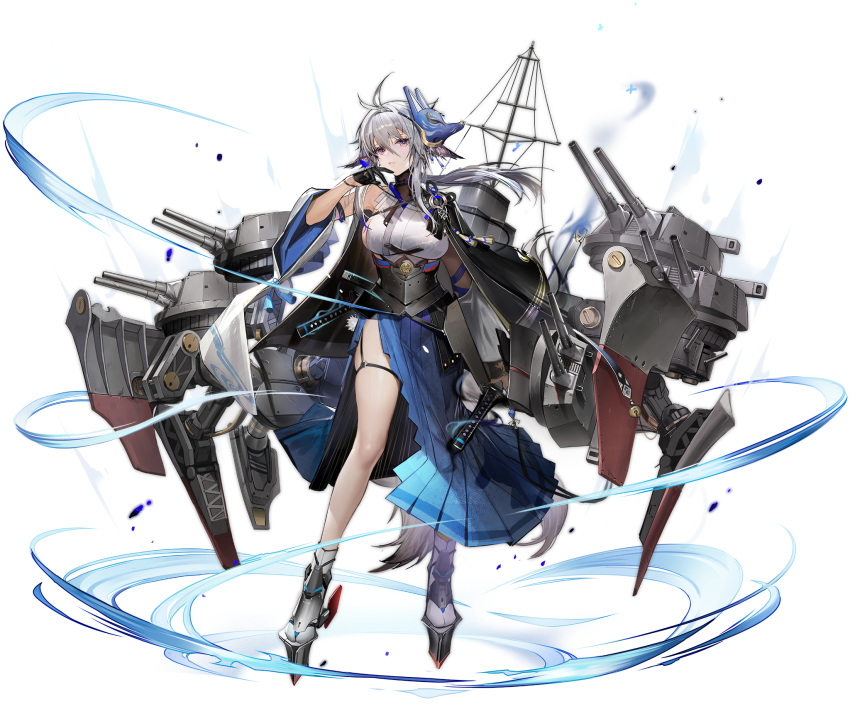 1girl ahoge azur_lane bare_legs bare_shoulders black_gloves breasts cannon cape choker detached_sleeves floating_hair fox_mask fox_tail gloves grey_hair hair_between_eyes hakama_skirt highres holding katana kitsune large_breasts liduke long_hair looking_at_viewer low_ponytail machinery mask mask_on_head mast multiple_tails nontraditional_miko official_art pleated_skirt rudder_footwear shirt side_slit sideboob single_glove skindentation skirt sleeveless sleeveless_shirt sleeveless_turtleneck socks solo sword tabi tail tassel thigh_strap thighs tosa_(azur_lane) transparent_background turret turtleneck underbust violet_eyes weapon white_legwear white_shirt wide_sleeves
