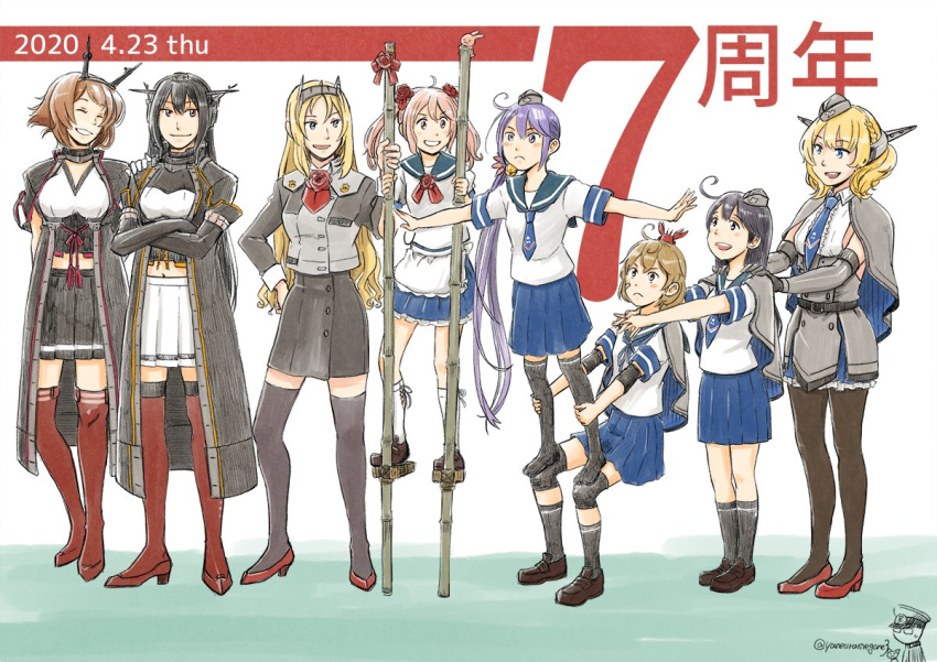 :&lt; ahoge akebono_(kantai_collection) bandaid bandaid_on_face bell black_hair black_legwear blonde_hair blue_hair blue_neckwear blue_skirt blush bonjin boots braid breasts brown_footwear brown_hair capelet closed_eyes colorado_(kantai_collection) crab crab_on_head crossed_arms dated elbow_gloves flower full_body garrison_cap gloves hair_bell hair_flower hair_ornament hat headgear high_heels kantai_collection kneehighs long_hair multiple_girls mutsu_(kantai_collection) nagato_(kantai_collection) necktie nelson_(kantai_collection) oboro_(kantai_collection) open_mouth pantyhose pink_hair pleated_skirt purple_hair red_flower red_footwear red_legwear red_neckwear red_rose remodel_(kantai_collection) rose sailor_collar sazanami_(kantai_collection) school_uniform serafuku short_hair simple_background skirt standing stilts thigh-highs thigh_boots twintails twitter_username ushio_(kantai_collection)