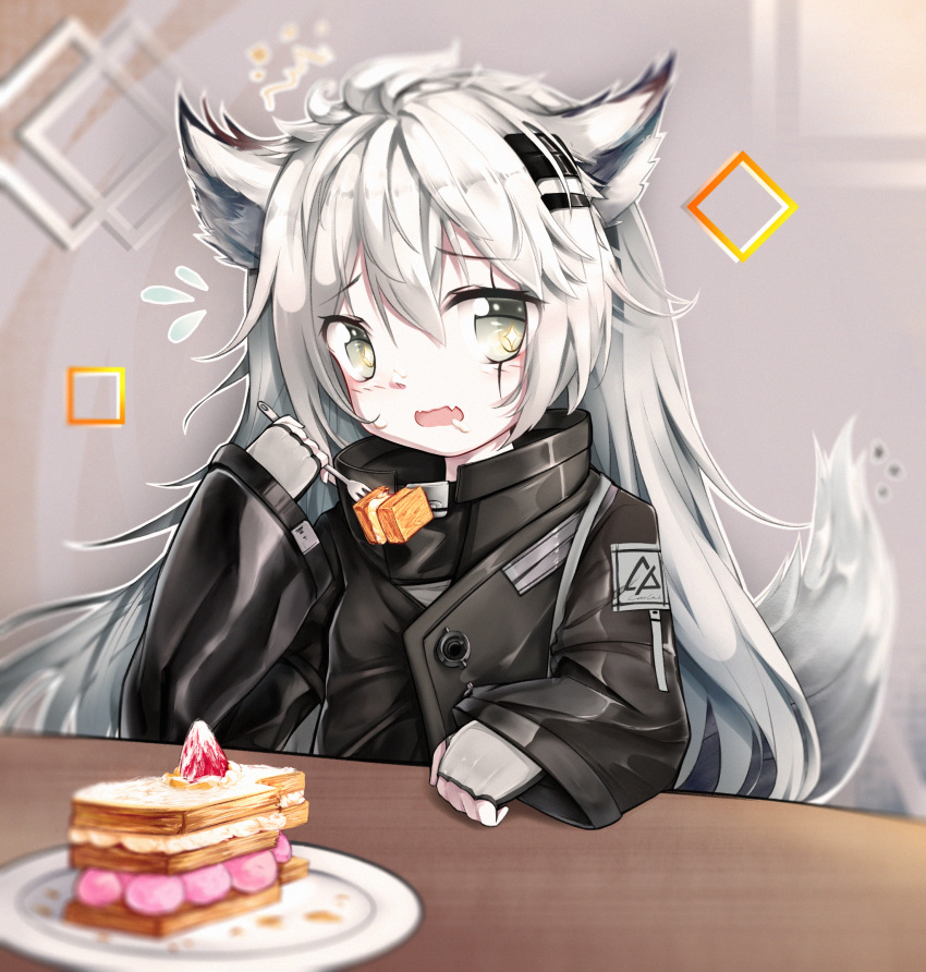 1girl animal_ears arknights bangs black_jacket cake commentary_request eyebrows_visible_through_hair fingerless_gloves flying_sweatdrops food fork fruit gloves grey_eyes grey_gloves hair_between_eyes hair_ornament hairclip hand_up high_collar highres hjhhzb holding holding_fork huge_filesize indoors jacket lappland_(arknights) long_hair long_sleeves looking_at_viewer open_mouth partial_commentary plate scar scar_across_eye silver_hair solo strawberry tail upper_body wolf_ears wolf_tail