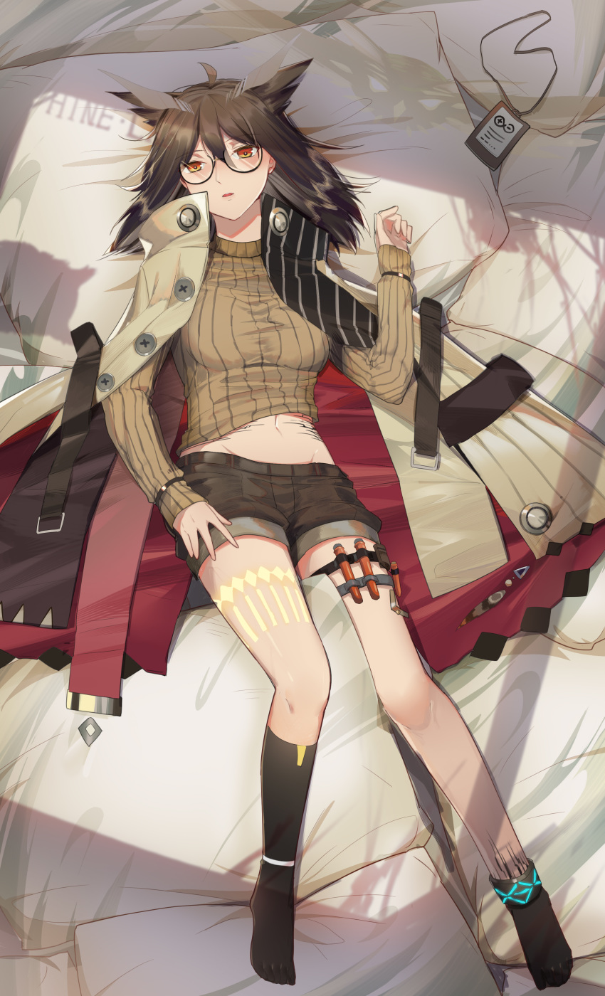 1girl 7t absurdres ahoge arknights bed_sheet black-framed_eyewear black_legwear bracelet breasts brown_coat brown_hair brown_shorts brown_sweater buttons chinese_commentary coat day eyebrows_visible_through_hair from_above full_body glasses hair_between_eyes head_feathers highres indoors jewelry large_buttons long_sleeves looking_at_viewer lying medium_breasts medium_hair midriff name_tag navel on_back open_clothes open_coat orange_eyes ore_lesion_(arknights) parted_lips pillow rhine_lab_logo ribbed_sweater round_eyewear shade short_shorts shorts silence_(arknights) sleeves_past_wrists socks solo strap sunlight sweater test_tube thigh_strap thighs turtleneck turtleneck_sweater