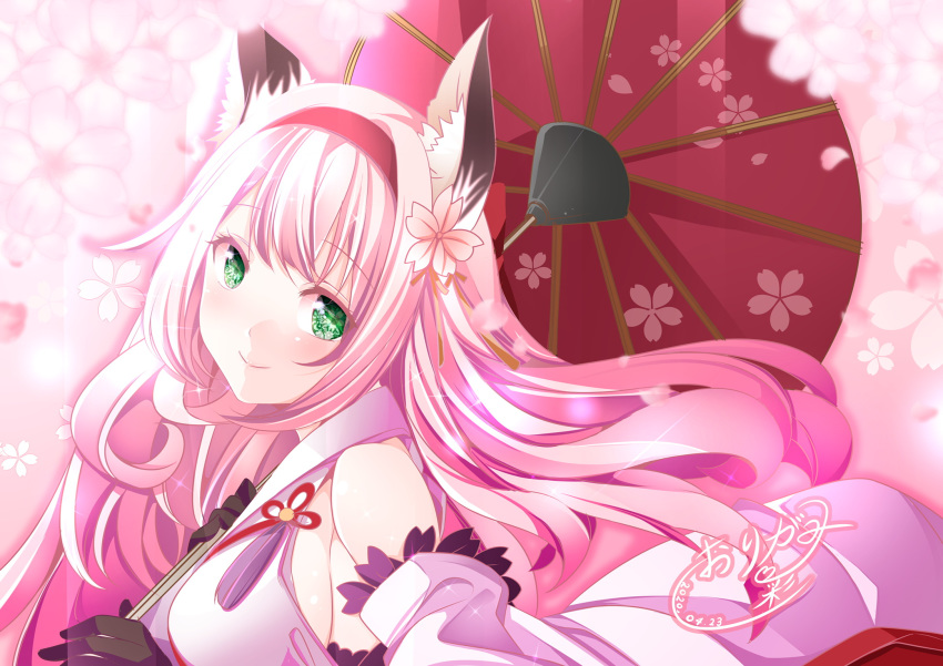 1girl animal_ears azur_lane bangs bare_shoulders black_gloves blush breasts cherry_blossom_print cherry_blossoms commentary_request dated detached_sleeves eyebrows_visible_through_hair floral_background floral_print flower fox_ears fox_girl gloves green_eyes hair_flower hair_ornament hairband hanazuki_(azur_lane) highres holding holding_umbrella japanese_clothes kimono light_particles long_hair looking_at_viewer oriental_umbrella origami_aya pink_background pink_hair print_umbrella profile red_hairband sidelocks signature sleeveless sleeveless_kimono smile solo umbrella upper_body wide_sleeves