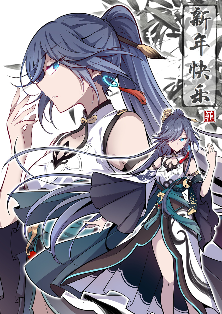 1girl blue_eyes chinese_clothes commentary commentary_request dress fu_hua grey_hair hair_over_one_eye highres hirakuneko honkai_(series) honkai_impact_3rd jewelry long_hair looking_at_viewer paintbrush paintbrush_hair_ornament ponytail solo very_long_hair