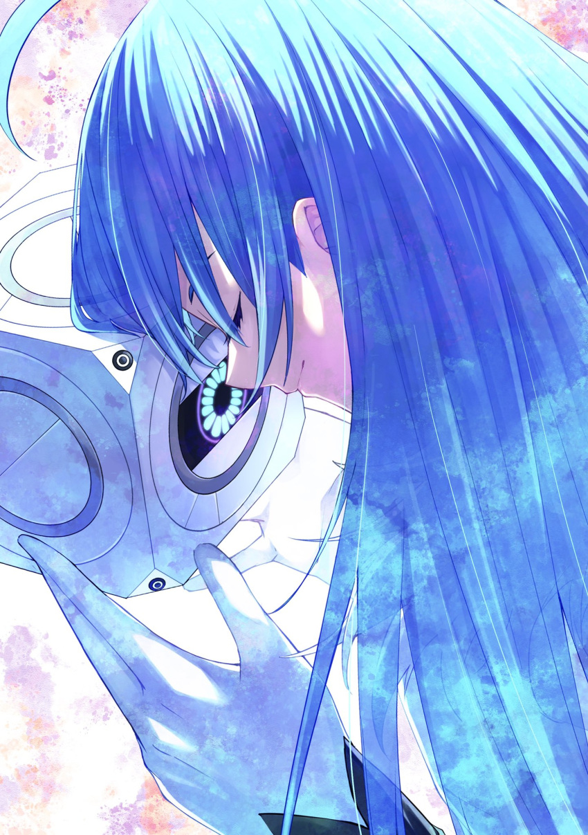 1girl ahoge android blue_hair closed_eyes closed_mouth forehead-to-forehead gloves highres long_hair matsumoto_(vivy) smile tamago_sando vivy:_fluorite_eye's_song white_gloves