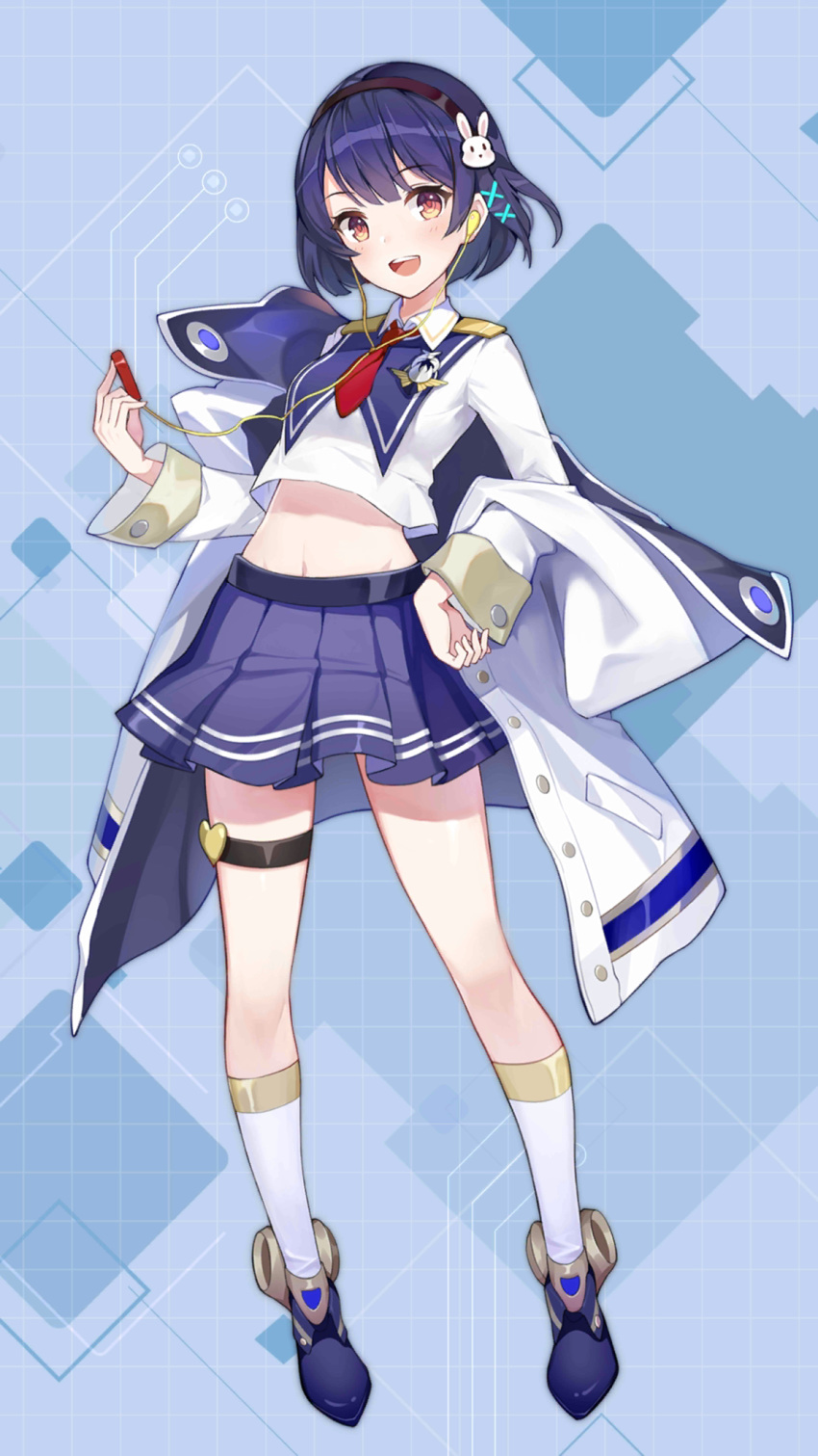 1girl :d black_hair blue_skirt breasts collared_shirt criin crop_top crop_top_overhang earphones full_body girl_cafe_gun hairband highres jacket kneehighs long_sleeves looking_at_viewer midriff miniskirt navel necktie off_shoulder official_art open_clothes open_jacket open_mouth pleated_skirt red_eyes shi_wu_you shirt shoes short_hair short_necktie skirt small_breasts smile solo standing thigh_strap thighs white_jacket white_legwear white_shirt