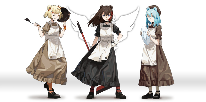 3girls alternate_costume animal_ears apron arknights bear_ears black_dress black_footwear blonde_hair blue_eyes bow breasts broom brown_dress brown_hair chinese_commentary closed_mouth dress enmaided expressionless eyebrows_visible_through_hair floating_hair frying_pan full_body gloves grin gummy_(arknights) hair_between_eyes hair_ornament hair_ribbon hand_on_hip highres istina_(arknights) ladle light_blue_hair looking_at_viewer maid maid_apron medium_breasts medium_hair multicolored_hair multiple_girls one_eye_closed orange_eyes orange_legwear plate red_legwear redhead ribbon shoes short_hair short_sleeves simple_background smile standing star star_hair_ornament streaked_hair striped striped_legwear vertical-striped_legwear vertical_stripes white_background white_gloves zhili_xingzou zima_(arknights)