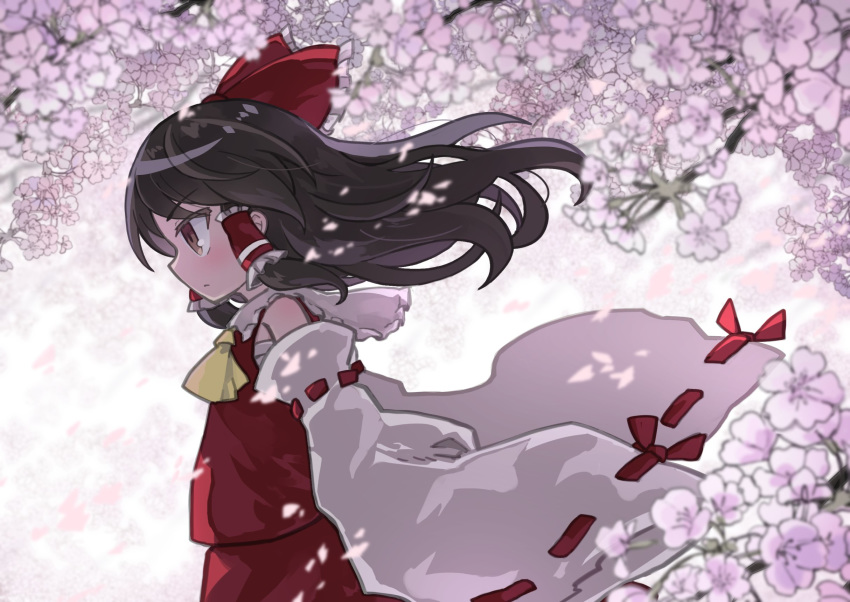 1girl ascot bow branch brown_eyes brown_hair cherry_blossoms commentary detached_sleeves flower frills from_side hair_bow hair_tubes hakurei_reimu highres kibisake long_hair long_sleeves petals red_bow red_shirt red_skirt ribbon-trimmed_sleeves ribbon_trim sarashi shirt skirt solo touhou upper_body wide_sleeves wind yellow_neckwear