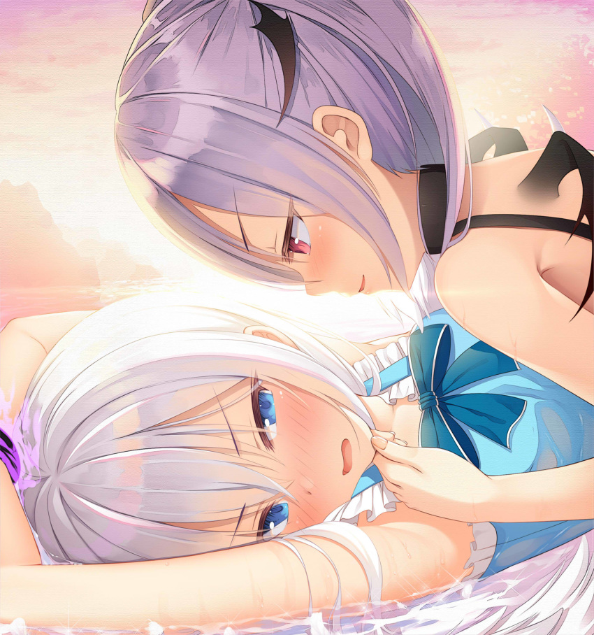 2girls :d arms_up bed_sheet blue_eyes blue_ribbon blush highres looking_at_another lying multiple_girls neck_ribbon on_back open_mouth original purple_hair red_eyes restrained ribbon shinigami_(tukiyomiikuto) shiny shiny_hair short_hair silver_hair smile upper_body wavy_mouth yuri