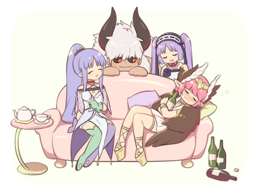 1boy 3girls 7dango7 alcohol armlet asterios_(fate/grand_order) aunt_and_niece black_sclera blue_hair blush boots bottle bracelet brown_wings caster caster_lily circe_(fate/grand_order) dress drunk euryale fate/grand_order fate/hollow_ataraxia fate/stay_night fate_(series) feathered_wings frilled_hairband frills gloves hairband head_wings headdress headpiece highres holding holding_bottle horns jewelry lolita_hairband long_hair magical_girl mismatched_gloves mismatched_legwear multiple_girls pointy_ears ponytail purple_hair red_eyes sake sake_bottle strapless strapless_dress thigh-highs thigh_boots thighlet white_dress white_hair winged_hair_ornament wings