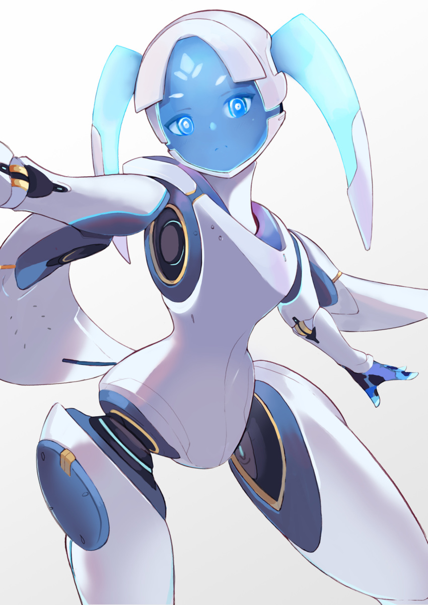 1girl absurdres blue_eyes blush closed_mouth commentary echo_(overwatch) facial_mark forehead_mark gradient gradient_background grey_background head_tilt highres long_hair looking_at_viewer overwatch piliheros2000 robot short_eyebrows solo thick_eyebrows twintails white_background