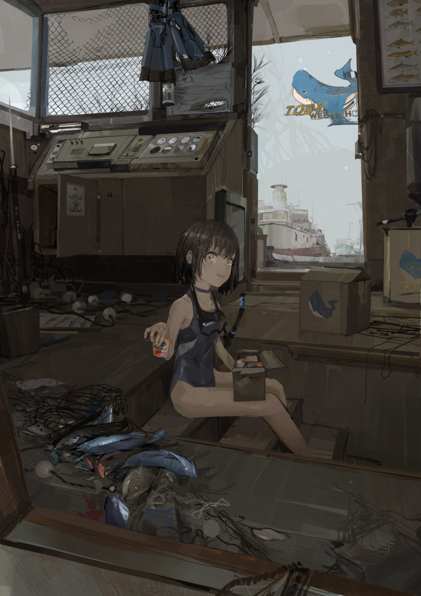 1girl :d absurdres box brown_hair cardboard_box fish flippers goggles goggles_around_neck highres looking_at_viewer one-piece_swimsuit open_mouth original paindude scenery ship short_hair sitting smile solo swimsuit teeth watercraft yellow_eyes