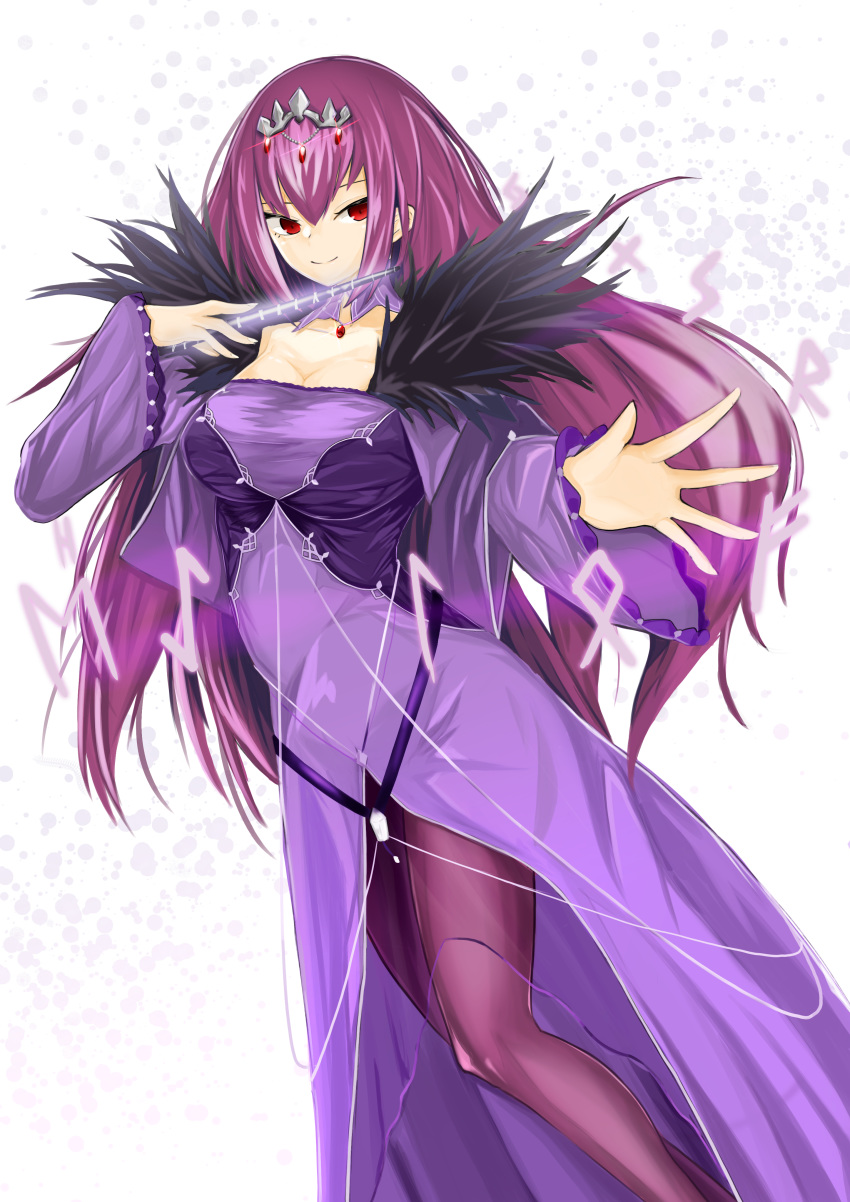 1girl absurdres bangs breasts chankuro dress fate/grand_order fate_(series) feather_trim fur-trimmed_dress fur_trim hair_between_eyes headpiece highres holding holding_wand large_breasts purple_dress purple_hair purple_ribbon red_eyes ribbon runes scathach_(fate)_(all) scathach_(fate/grand_order) scathach_skadi_(fate/grand_order) tiara wand
