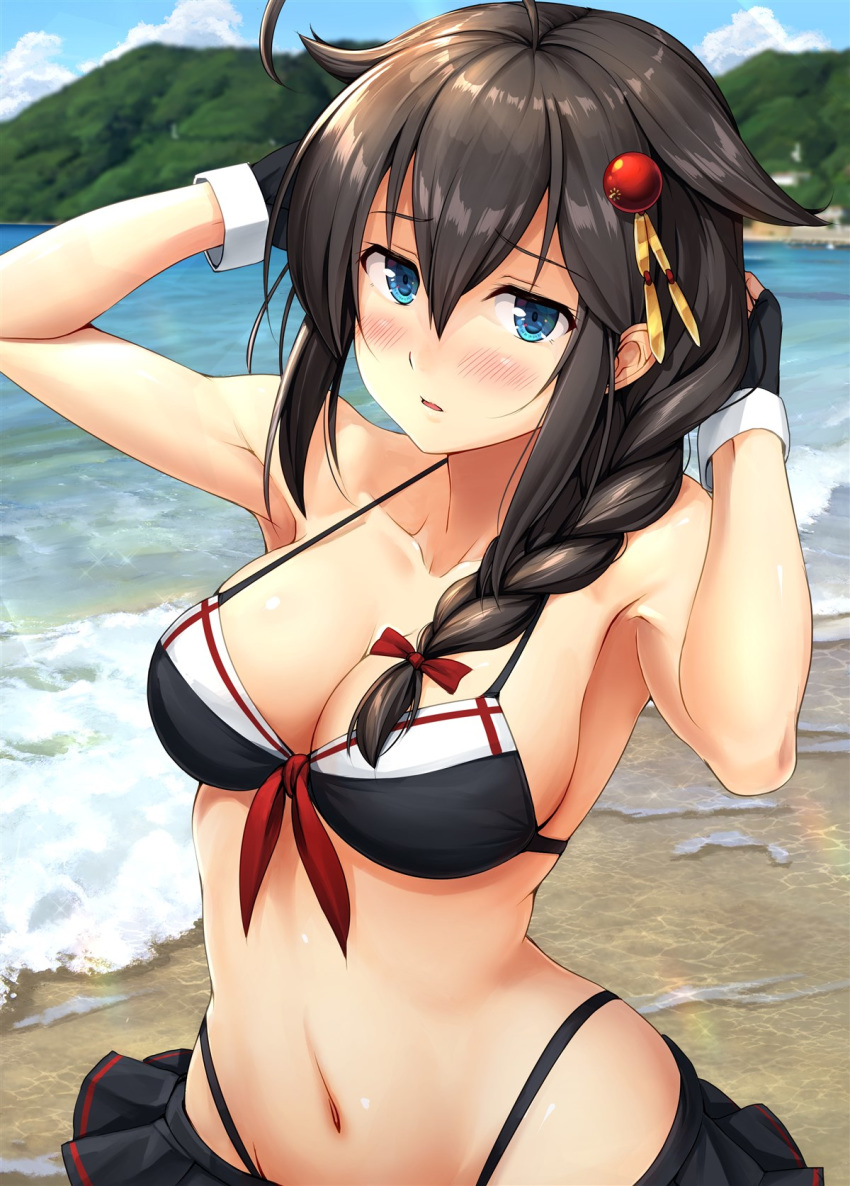 1girl adapted_costume ahoge beach bikini bikini_skirt black_bikini black_gloves black_skirt blue_eyes blush braid breasts brown_hair day eyebrows_visible_through_hair fingerless_gloves gloves groin hair_between_eyes hair_flaps hair_ornament highres ichikawa_feesu kantai_collection large_breasts long_hair navel ocean pleated_skirt remodel_(kantai_collection) shigure_(kantai_collection) single_braid skirt solo swimsuit upper_body water