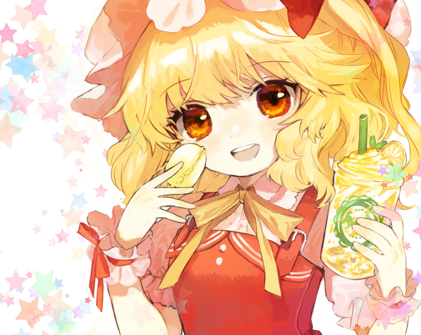 1girl blonde_hair cup disposable_cup drinking_straw flandre_scarlet food fruit hands_up hat highres holding holding_cup holding_food lemon lemon_slice looking_at_viewer macaron medium_hair mob_cap open_mouth red_eyes red_vest shirt short_sleeves shoudoku_taishi_(taishi) side_ponytail smile solo star starry_background touhou upper_body vest white_shirt wrist_cuffs yellow_neckwear