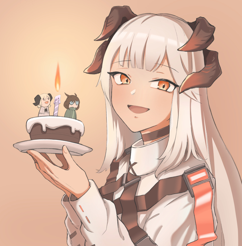 1girl :d absurdres arknights bangs brown_background cake candle commentary eyebrows_visible_through_hair fire food hands_up highres holding holding_plate horns ifrit_(arknights) long_hair long_sleeves looking_at_viewer open_mouth orange_eyes plate radioneet saria_(arknights) shirt silence_(arknights) silver_hair simple_background smile solo upper_body white_shirt