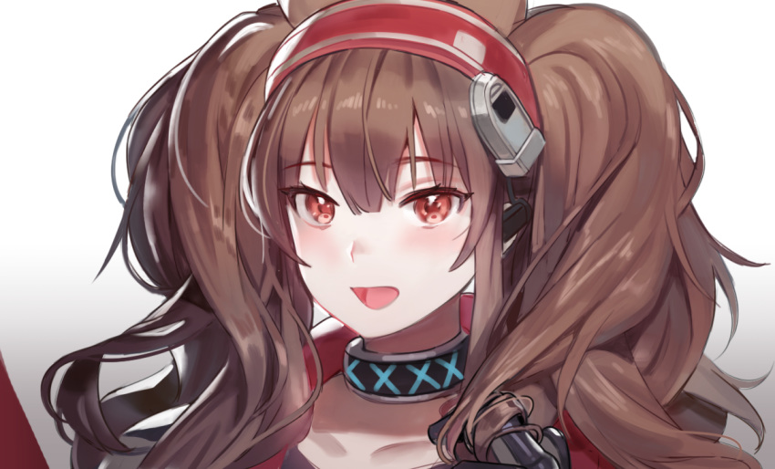 1girl :d angelina_(arknights) arknights bangs black_choker blush brown_hair choker collarbone commentary_request eyebrows_visible_through_hair gradient gradient_background grey_background hair_between_eyes hairband jeonpa long_hair looking_at_viewer open_mouth portrait red_eyes red_hairband smile solo twintails white_background