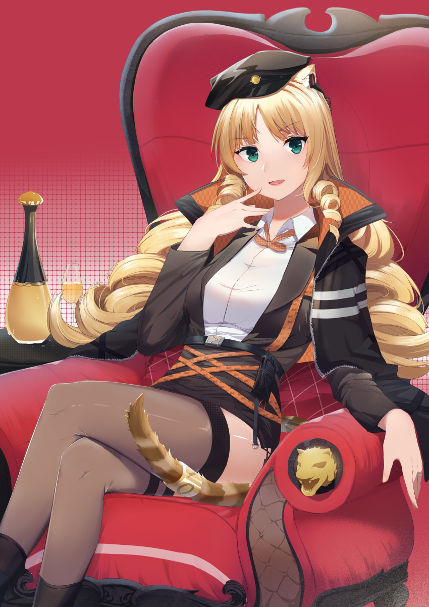 1girl 7t absurdres animal_ears arknights bangs black_footwear black_jacket blonde_hair blue_eyes boots bottle breasts brown_legwear chair chinese_commentary collared_shirt cowboy_shot crossed_legs cup drill_hair drinking_glass eyebrows_visible_through_hair formal hand_to_own_mouth highres jacket jacket_on_shoulders long_hair looking_at_viewer medium_breasts neck_ribbon open_mouth orange_neckwear orange_ribbon parted_bangs patterned_background plaid plaid_neckwear plaid_ribbon quad_drills red_background ribbon shirt side_drill sitting smile solo suit swire_(arknights) tail tail_ring thigh-highs thighs throne tiger_ears tiger_tail twintails walkie-talkie white_shirt wine_bottle wine_glass wing_collar yagasuri zettai_ryouiki