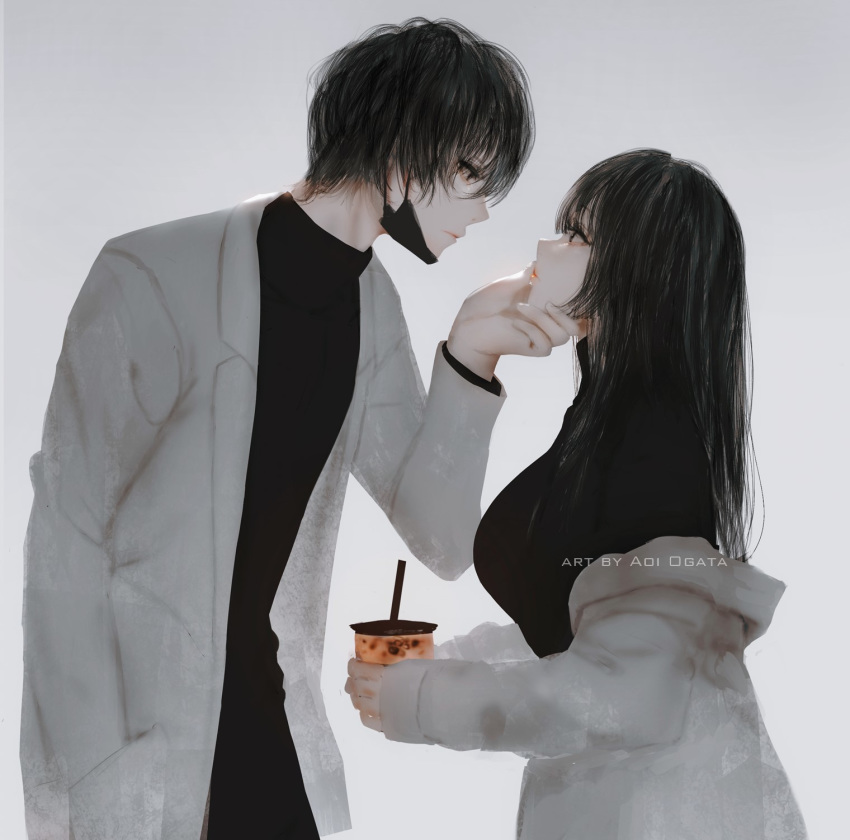 1boy 1girl aoi_ogata artist_name black_eyes black_hair black_shirt breasts bubble_tea chin_grab closed_mouth commentary cup disposable_cup drinking_straw english_commentary eye_contact grey_background hand_in_pocket highres holding holding_cup labcoat long_hair long_sleeves looking_at_another mask mask_pull medium_breasts mouth_mask off_shoulder open_clothes original profile shirt simple_background surgical_mask