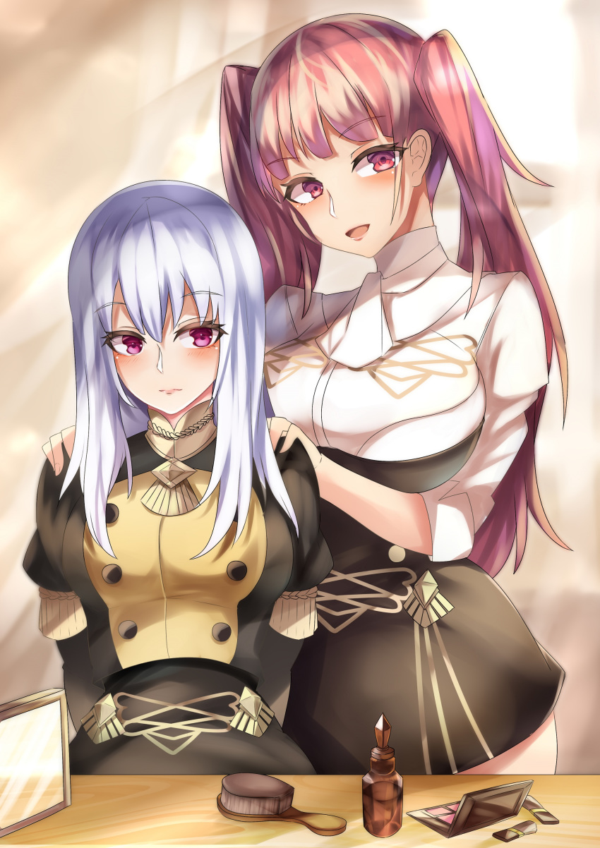 2girls absurdres blush bottle breasts fire_emblem fire_emblem:_three_houses garreg_mach_monastery_uniform hair_brush hands_on_another's_shoulders highres hilda_valentine_goneril large_breasts long_hair lysithea_von_ordelia makeup multiple_girls open_mouth perfume_bottle pink_eyes pink_hair tagme tea_texiamato twintails violet_eyes white_hair