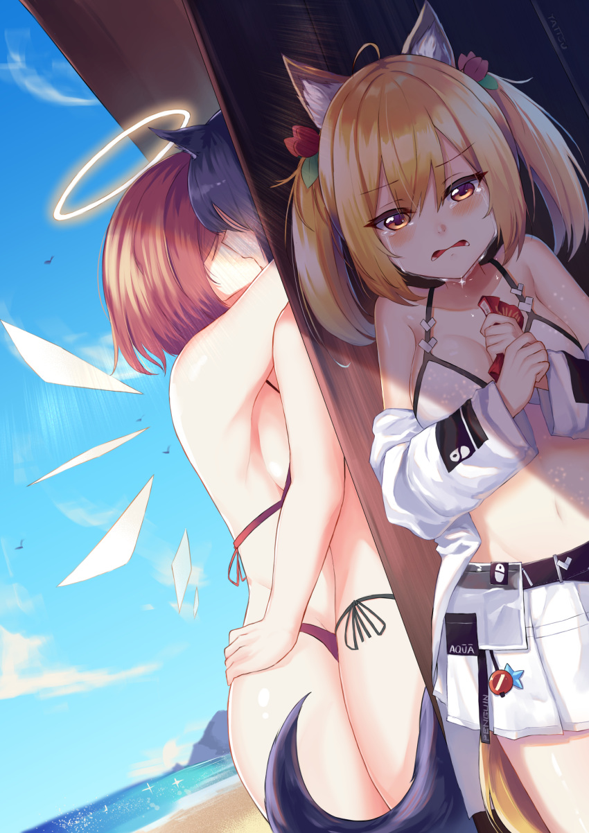 3girls ahoge animal_ears arknights bare_shoulders beach bikini black_hair blonde_hair blue_sky brown_eyes clouds commentary_request cowboy_shot crying crying_with_eyes_open day exusiai_(arknights) flower hair_flower hair_ornament halo highres jacket kiss long_sleeves looking_at_viewer miniskirt multiple_girls navel off_shoulder open_clothes open_jacket open_mouth outdoors red_flower redhead short_hair side-tie_bikini skirt sky sora_(arknights) standing stomach swimsuit tail tears texas_(arknights) twintails water white_bikini white_skirt wolf_ears wolf_tail yatsucchie yuri