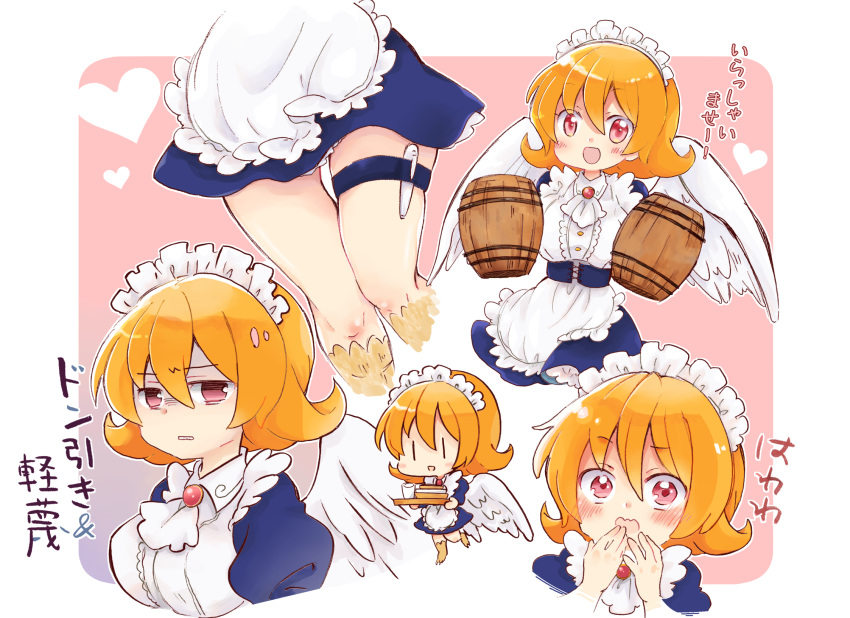 1girl apron bangs bird_legs blue_dress blush breasts chibi clenched_teeth cup d: disgust dress eyebrows_visible_through_hair feathered_wings feathers frilled_apron frills happy harpy heart highres holding holding_cup ishuzoku_reviewers long_sleeves looking_at_viewer maid maid_headdress meidri monster_girl mug multiple_views open_mouth orange_hair red_eyes short_hair simple_background standing standing_on_one_leg teeth thigh_strap thighs translation_request wagaeshi waist_apron white_apron white_feathers wings |_|