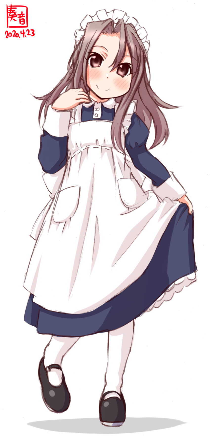 1girl alternate_costume alternate_hairstyle apron artist_logo black_footwear blue_dress brown_eyes brown_hair commentary_request dated dress dress_lift enmaided forehead frilled_apron frills full_body hair_down highres kanon_(kurogane_knights) kantai_collection long_hair looking_at_viewer maid maid_headdress mary_janes pantyhose shoes simple_background smile solo standing white_apron white_background white_legwear zuihou_(kantai_collection)