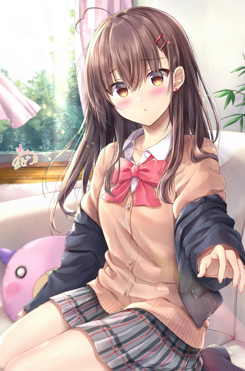 1girl :o ahoge bangs black_jacket blazer blurry blurry_background blush bow brown_cardigan brown_eyes brown_hair cardigan collared_shirt commentary_request couch curtains depth_of_field dress_shirt earrings eyebrows_visible_through_hair glint grey_skirt hair_between_eyes hair_ornament hairclip heart_ahoge highres indoors jacket jewelry long_hair long_sleeves looking_at_viewer maruma_(maruma_gic) off_shoulder on_couch open_blazer open_clothes open_jacket original parted_lips pleated_skirt red_bow shirt signature skirt sleeves_past_wrists solo stud_earrings white_shirt window