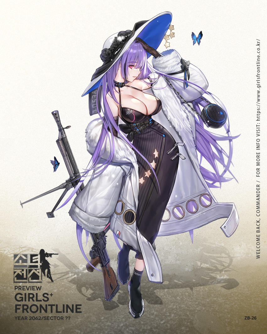1girl bangs black_dress black_flower black_footwear black_gloves breasts bug butterfly character_name clothes_writing coat dress elbow_gloves eyebrows_visible_through_hair flower full_body fur_collar fur_trim girls_frontline gloves gun hat hat_flower highres insect large_breasts long_hair long_sleeves multicolored_hair off_shoulder official_art parted_lips pink_eyes profile purple_hair solo star streaked_hair weapon whoisshe zb-26_(girls_frontline) zb_26 zipper