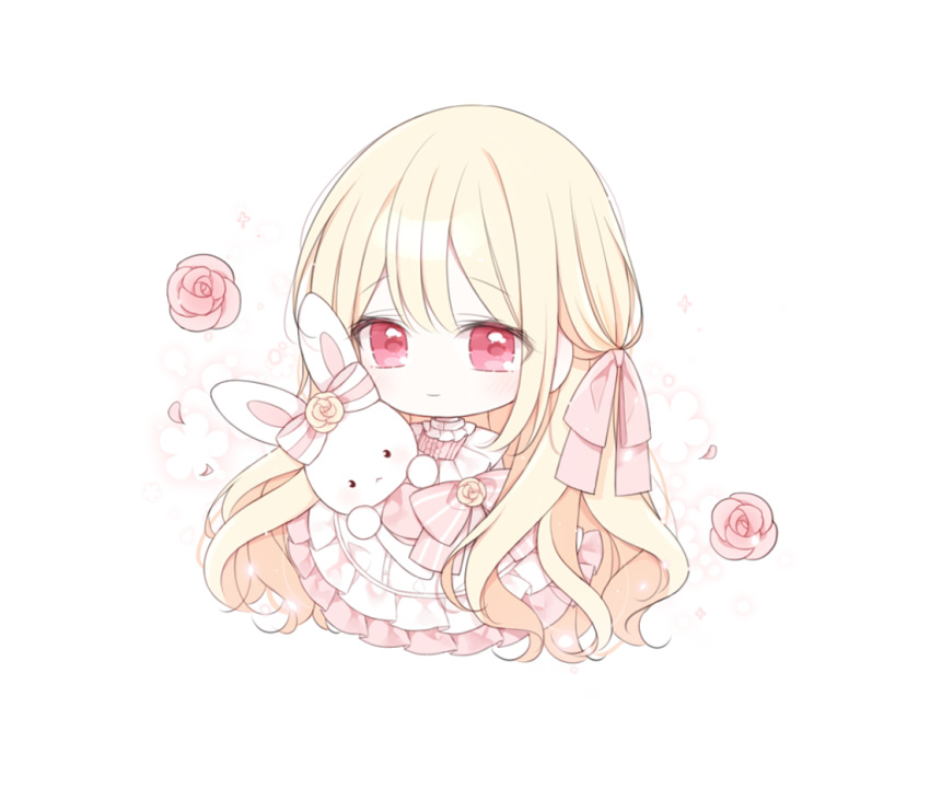 1girl bangs blonde_hair blush bow chibi closed_mouth dress eyebrows_visible_through_hair floral_background flower frilled_dress frills hair_ribbon long_hair looking_at_viewer mattang original petals pink_bow pink_flower pink_ribbon pink_rose red_eyes ribbon rose smile solo striped striped_bow stuffed_animal stuffed_bunny stuffed_toy very_long_hair white_background white_dress