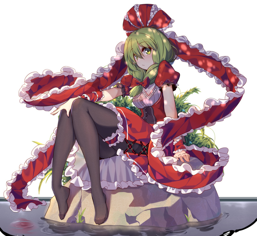 1girl black_legwear breasts ddt_(darktrident) dress expressionless front_ponytail full_body green_eyes green_hair hair_between_eyes kagiyama_hina leg_garter long_hair looking_at_viewer medium_breasts no_shoes pantyhose puffy_short_sleeves puffy_sleeves red_dress red_ribbon ribbon rock short_sleeves simple_background sitting solo touhou water white_background wrist_ribbon