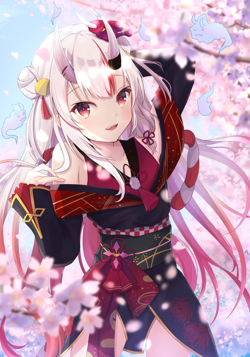 1girl absurdres bangs bare_shoulders breasts cherry_blossoms collarbone commentary_request hair_between_eyes hair_ornament highres hololive horns japanese_clothes long_hair looking_at_viewer multicolored_hair nakiri_ayame oni oni_horns open_mouth outdoors red_eyes redhead saki_(saki_paint) silver_hair smile solo streaked_hair virtual_youtuber