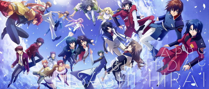 absurdres age aiba_kouji aiba_yuuki aizawa_tokito asagi_toshikazu athrun_zala birthday black_hair blonde_hair blue_eyes blue_hair clouds crossover deianeira everyone floating_hair flying formal giniro_no_olynssis glasses gundam gundam_seed gundam_seed_destiny happy_birthday hayase_kouichi heroic_age highres hitachi_izuru irie_tamaki kazuma_(scryed) kira_yamato kugimiya_kei kurogane_no_linebarrel kuroki_ange long_hair majestic_prince makabe_kazuki mechanical_arm minashiro_soushi mugen_no_ryvius open_mouth redhead roku_(gansuns) ryuhou scryed shinn_asuka short_hair sky soukyuu_no_fafner suit suruga_ataru tea_(giniro_no_olynssis) uniform