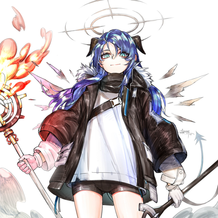 1girl absurdres anson_jun arknights black_jacket black_shorts blue_eyes blue_hair cowboy_shot elite_ii_(arknights) energy_wings fur-trimmed_hood fur-trimmed_jacket fur_trim gloves halo highres holding holding_staff hood hood_down hooded_jacket jacket long_hair long_sleeves looking_at_viewer mismatched_gloves mostima_(arknights) open_clothes open_jacket originium_arts_(arknights) shirt short_shorts shorts smile solo staff standing white_shirt